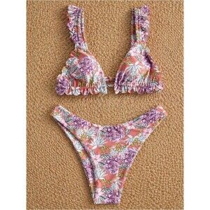 NWT Pilot Active Valencia Bikini Set Floral Ruffle Pink 2 Piece Swimsuit Large